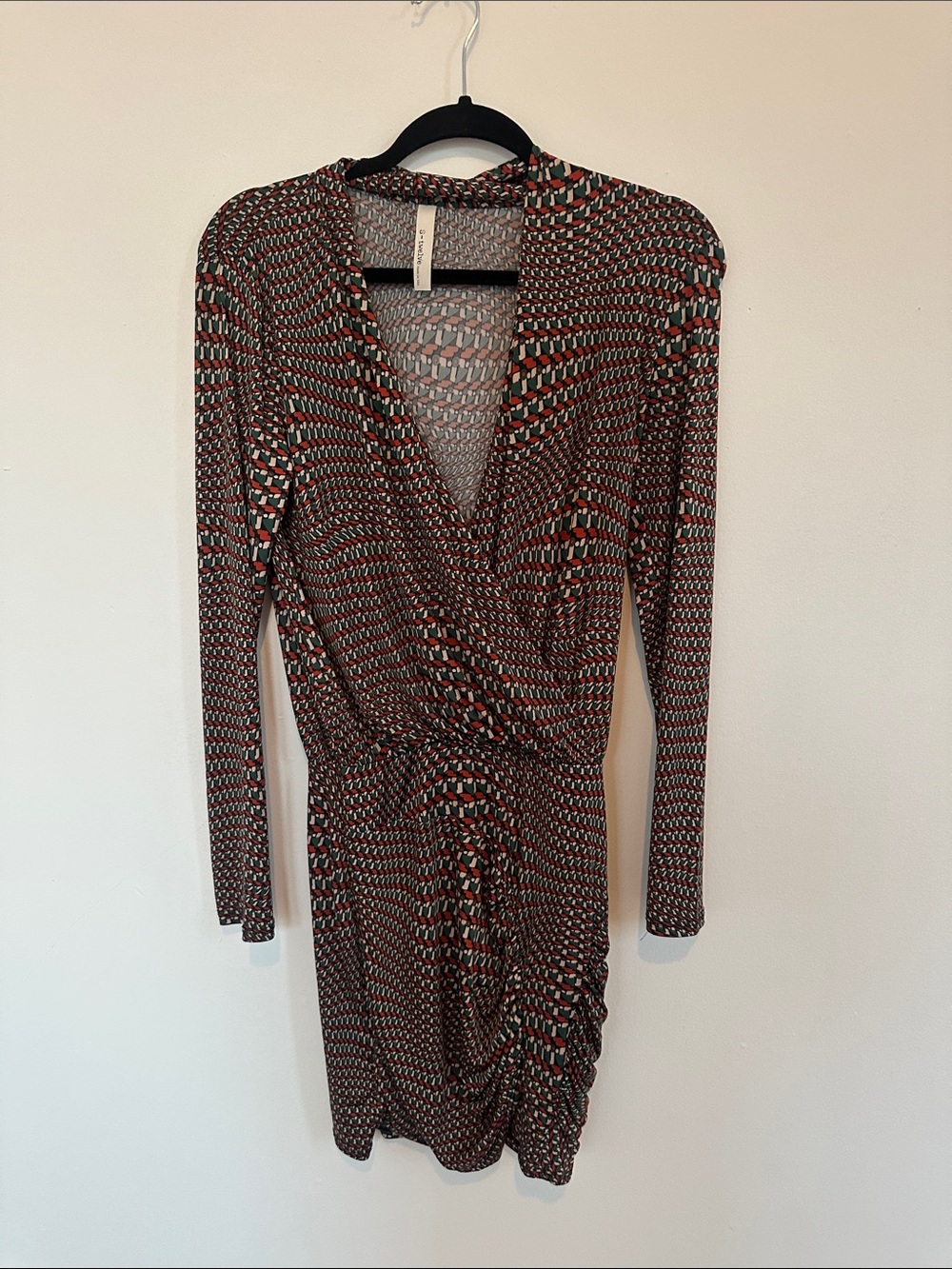 S-Twelve Long Sleeve Wrap Dress in Rust and Teal Geometric